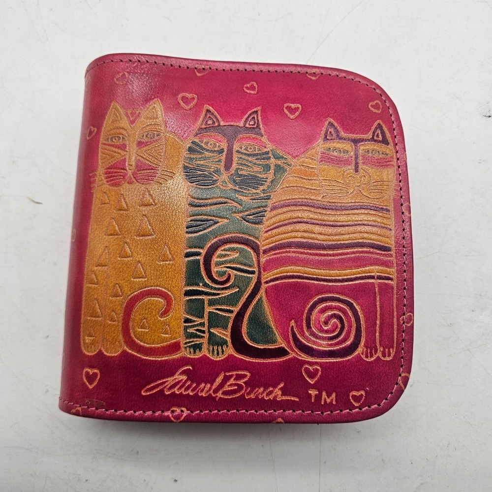 Laurel Burch CD Wallet Womens Multicolor Cat Love Zip Around Leather Case